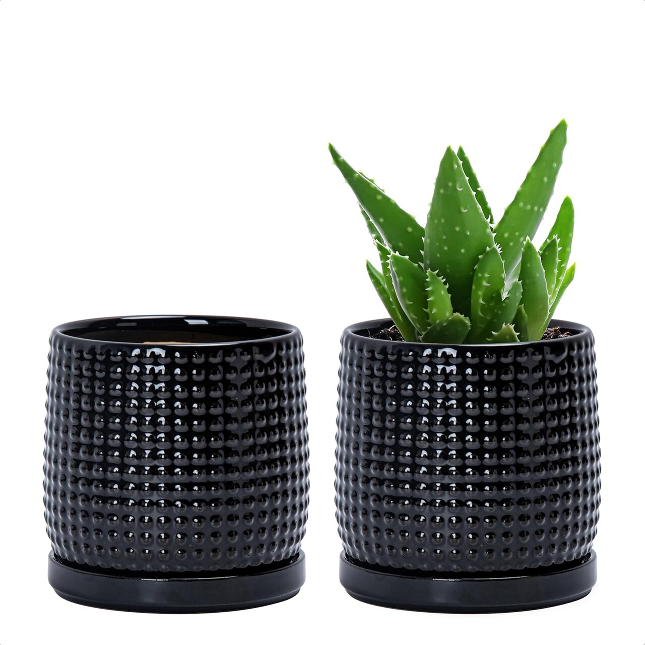 Set of 2 Ceramic 4 Inch Ceramic Beaded Stoneware Pots (Glossy Black)